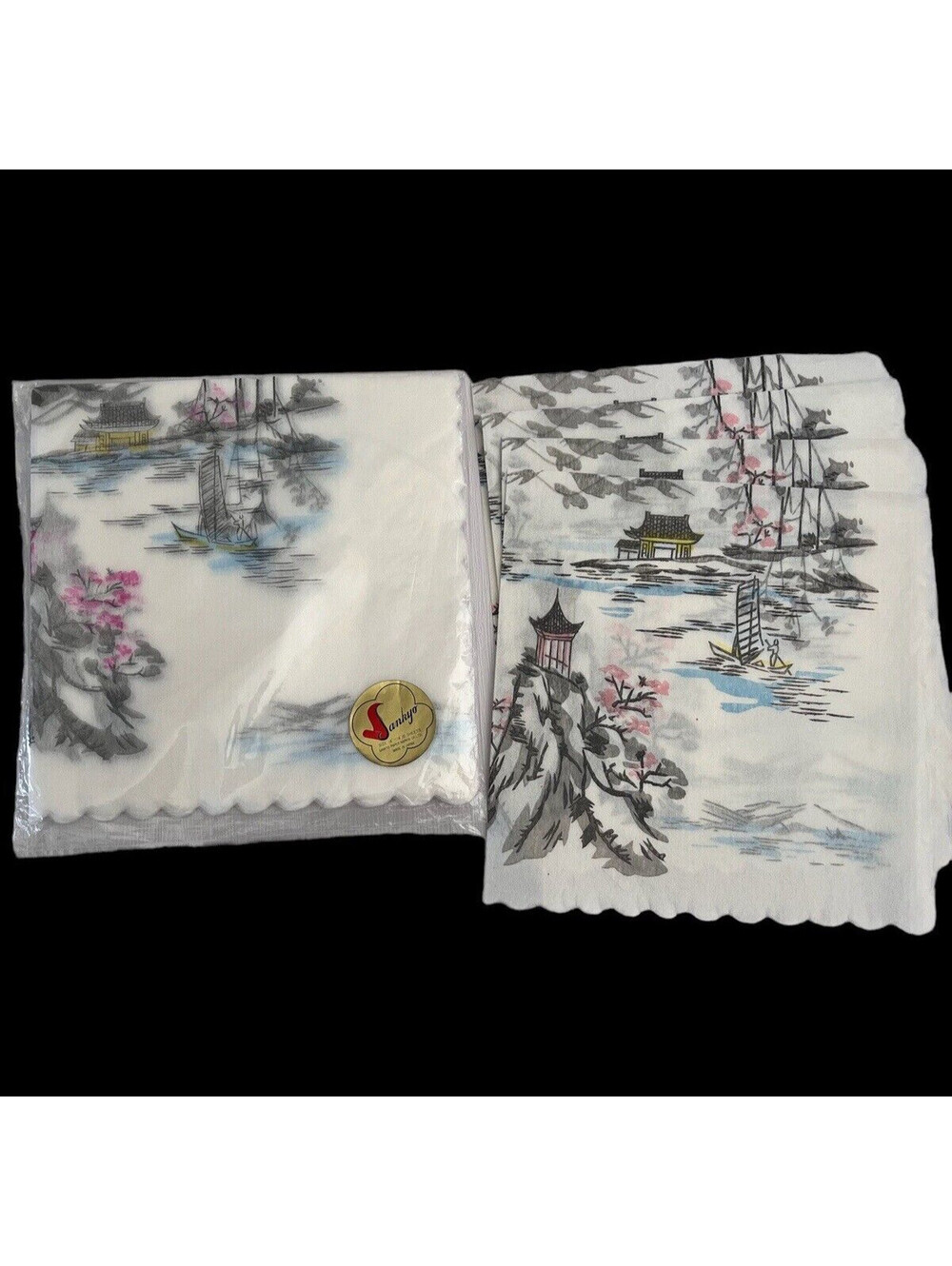 Vintage Sankyo Paper Napkins Scallop Edge Japan Pagoda Flowers Art